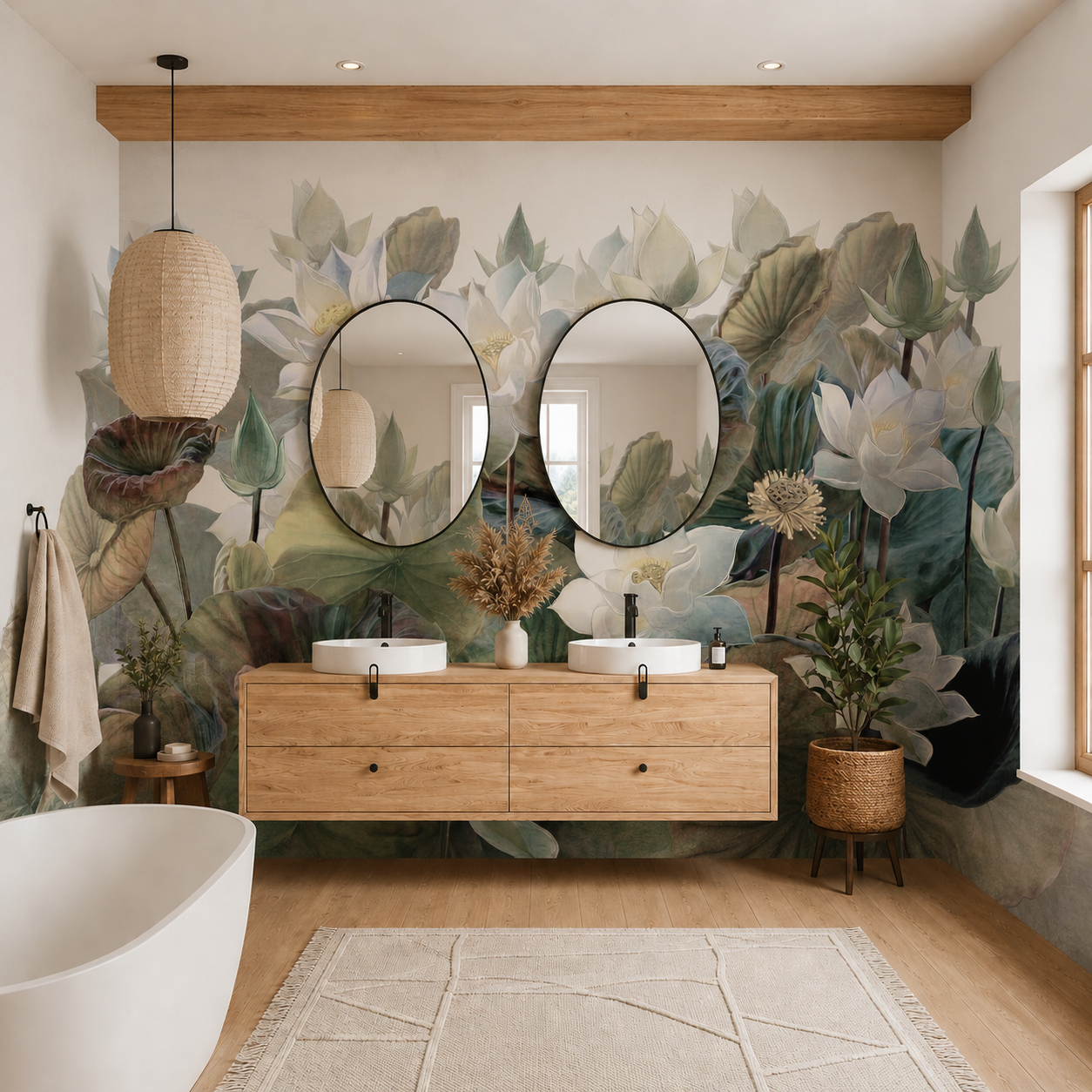 White lotus flower wallpaper in a bathroom with double vanity and round mirrors.