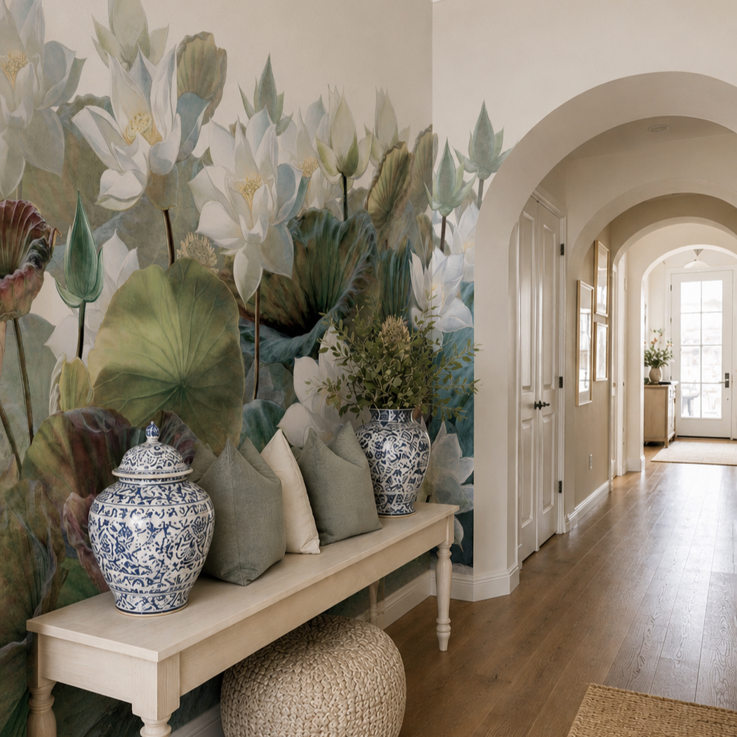 White lotus flower wallpaper in a hallway with bench and ginger jars.