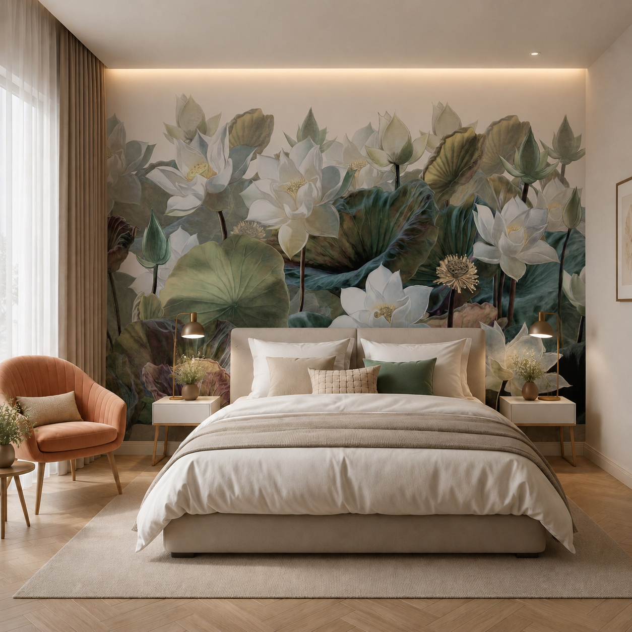 White lotus flower wallpaper behind the bed in a modern bedroom.