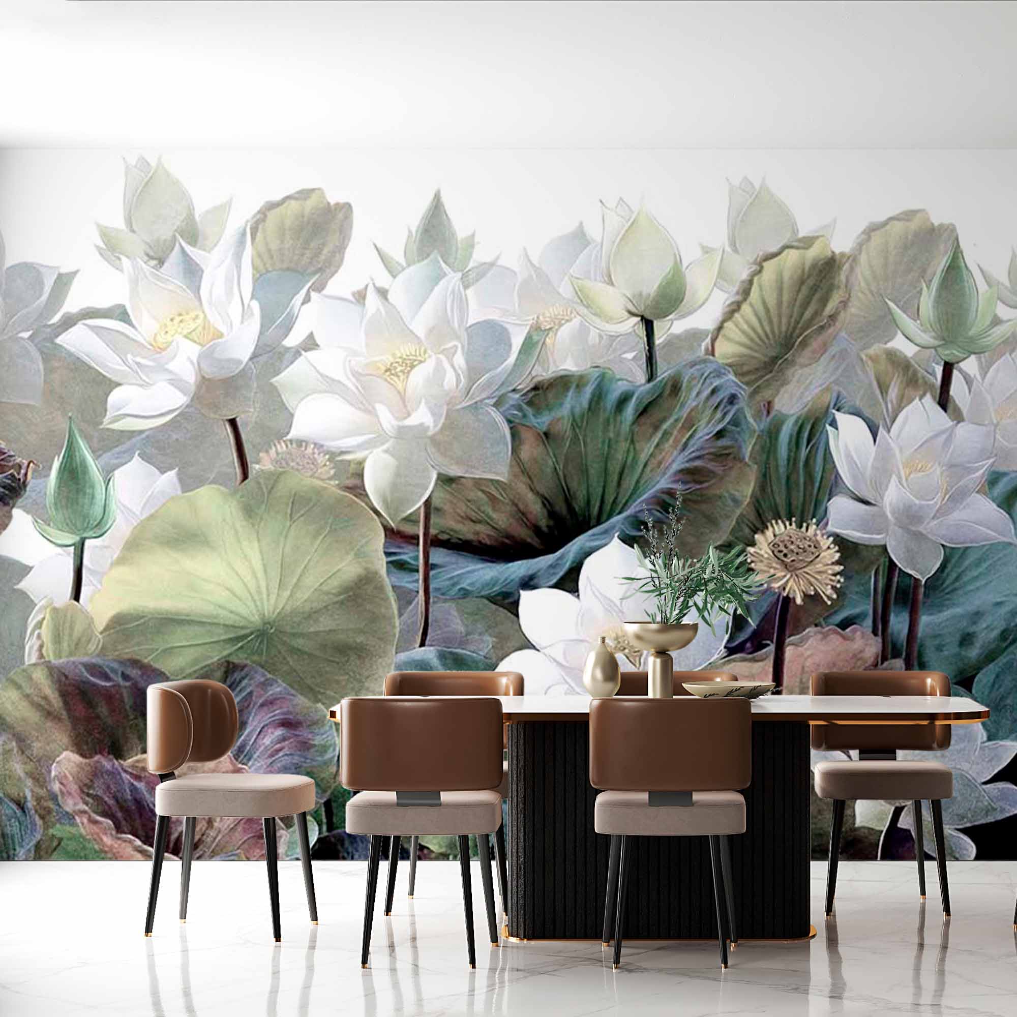 Serene Lotus Pond Mural Wallpaper - Elegant White Lotus Flowers and Lush Green Leaves