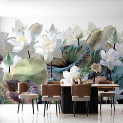 Custom Serene Lotus Pond Mural Wallpaper - Elegant White Lotus Flowers and Lush Green Leaves