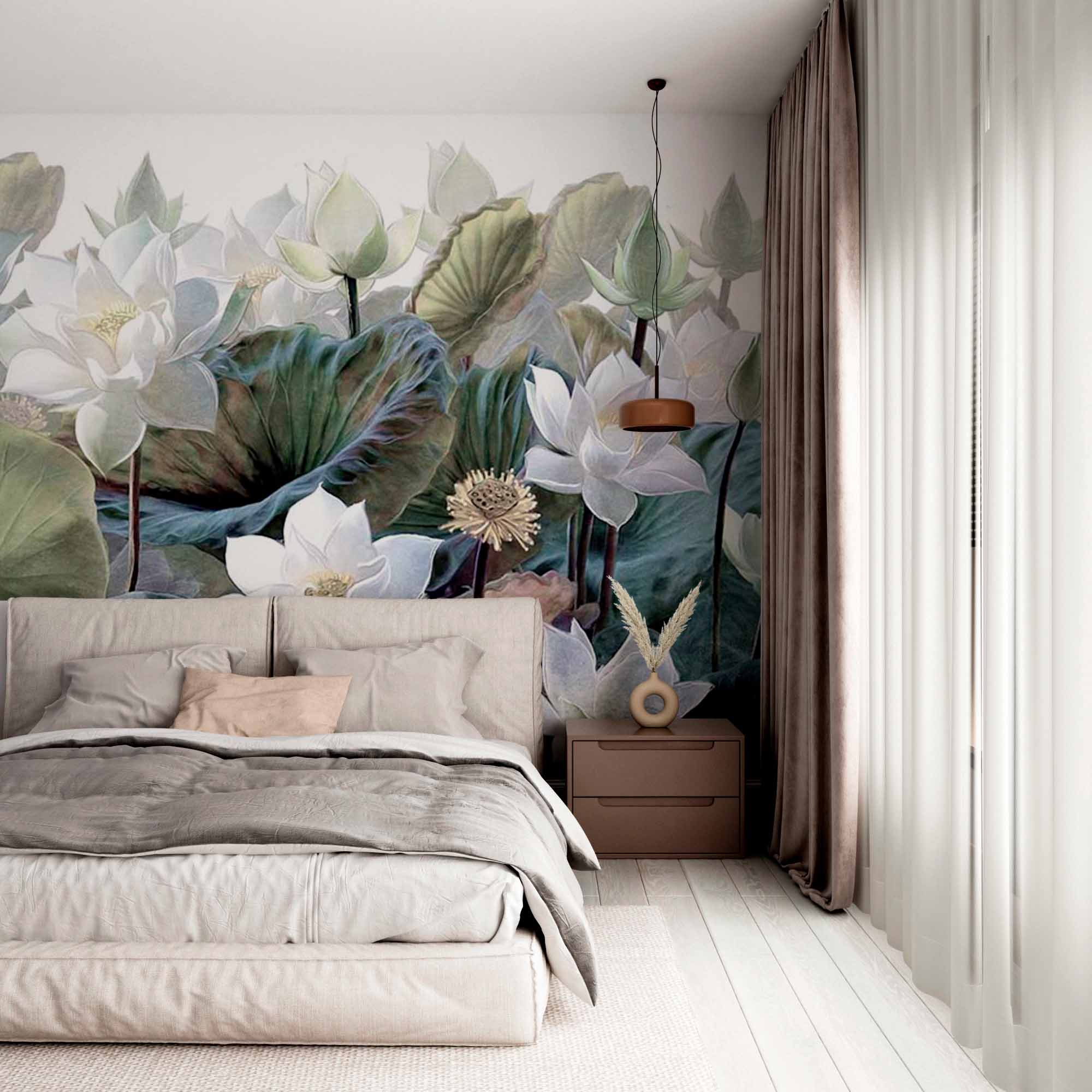 Serene Lotus Pond Mural Wallpaper - Elegant White Lotus Flowers and Lush Green Leaves