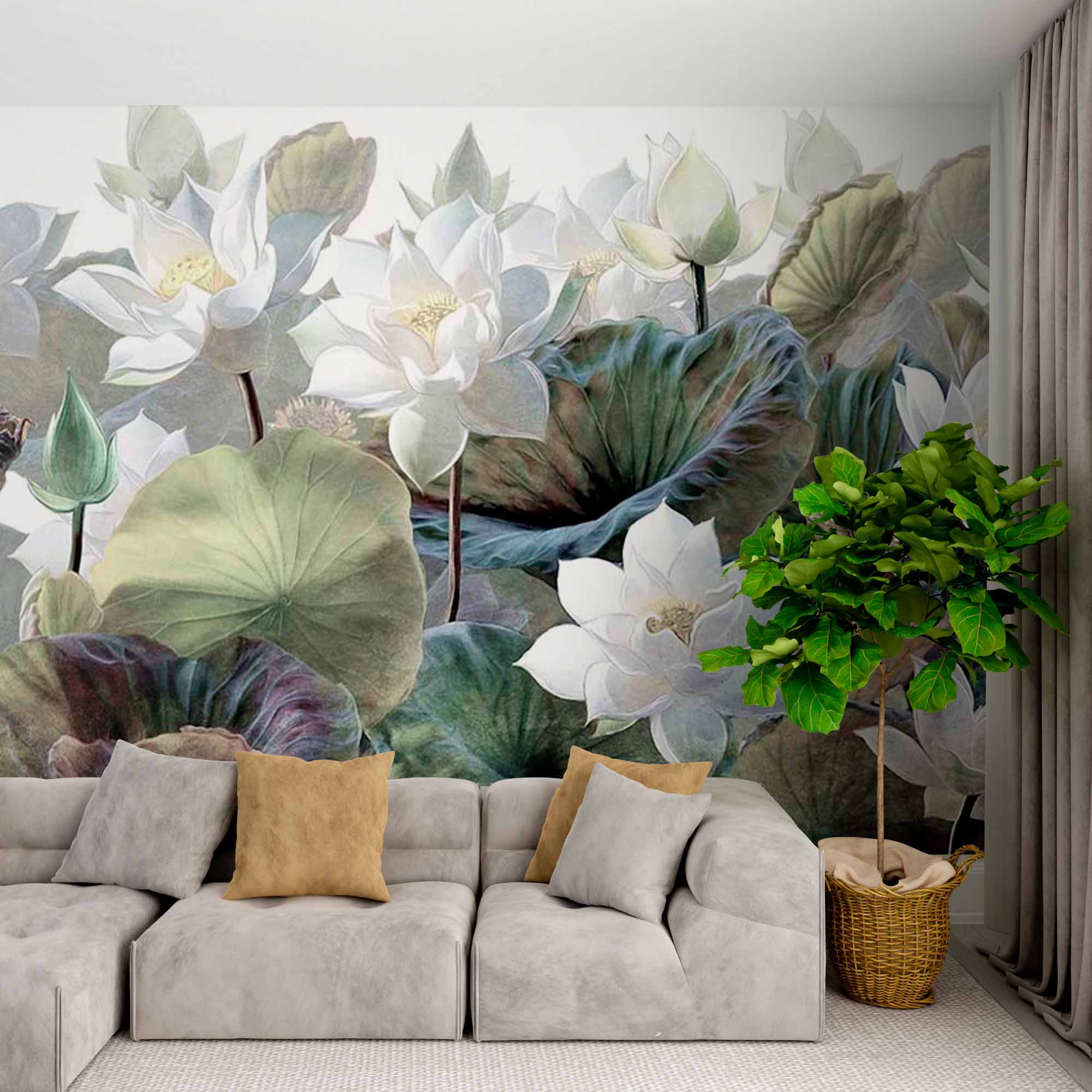 Serene Lotus Pond Mural Wallpaper - Elegant White Lotus Flowers and Lush Green Leaves