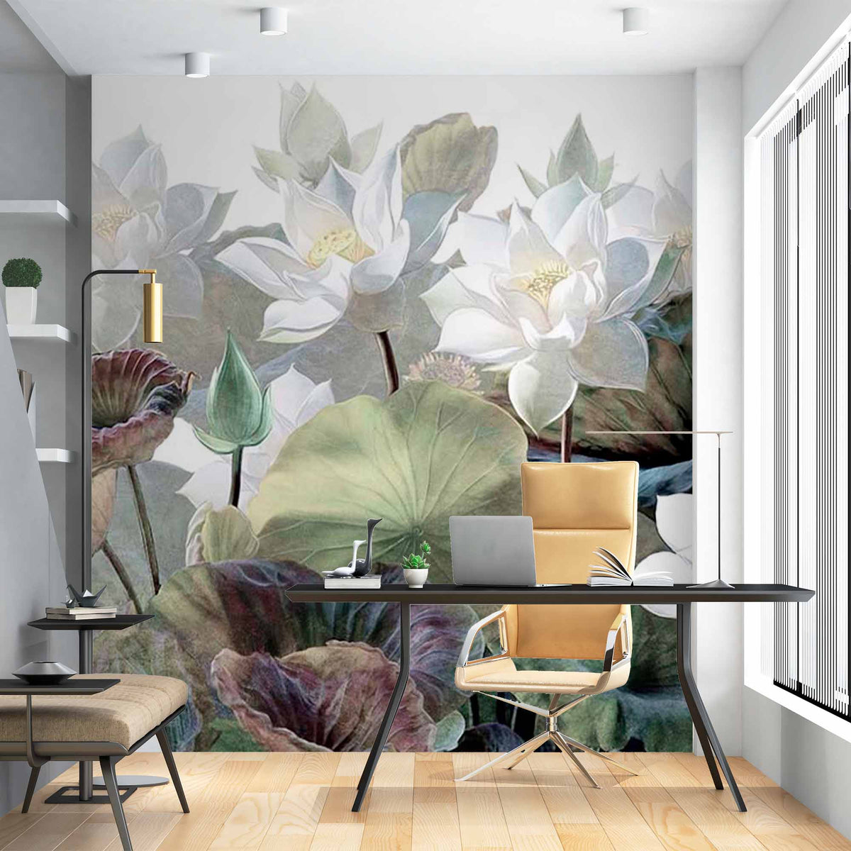 Custom Serene Lotus Pond Mural Wallpaper - Elegant White Lotus Flowers and Lush Green Leaves