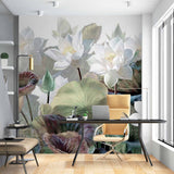 Serene Lotus Pond Mural Wallpaper - Elegant White Lotus Flowers and Lush Green Leaves