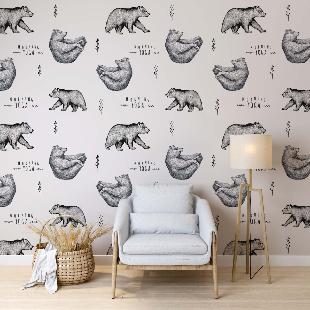 Custom Morning Yoga Bears Wall Mural Animals Scandinavian Wallpaper