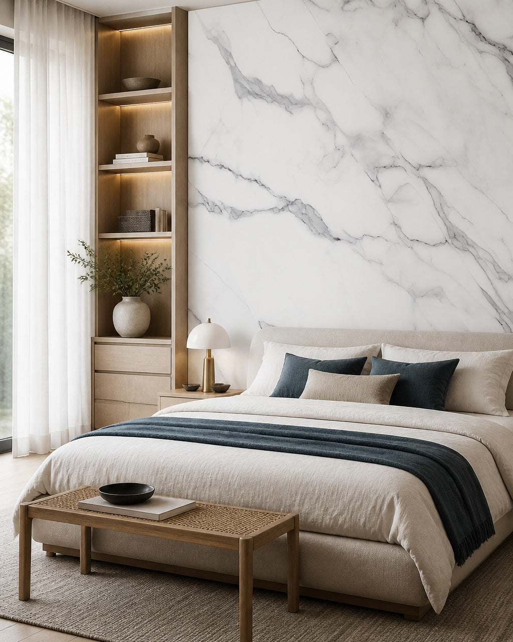 White marble wallpaper in a designer bedroom.