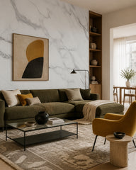 White marble wallpaper in a designer living room.