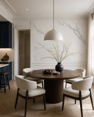 White marble wallpaper in a refined dining area.