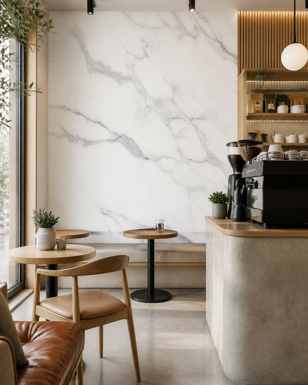 White marble wallpaper in a specialty coffee shop.