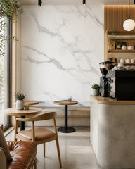 White marble wallpaper in a specialty coffee shop.