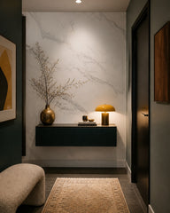 White marble wallpaper in an architectural hallway.