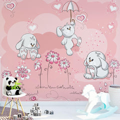 Custom Size Kids Wall Mural Pink Flowers Hearts Bunnies