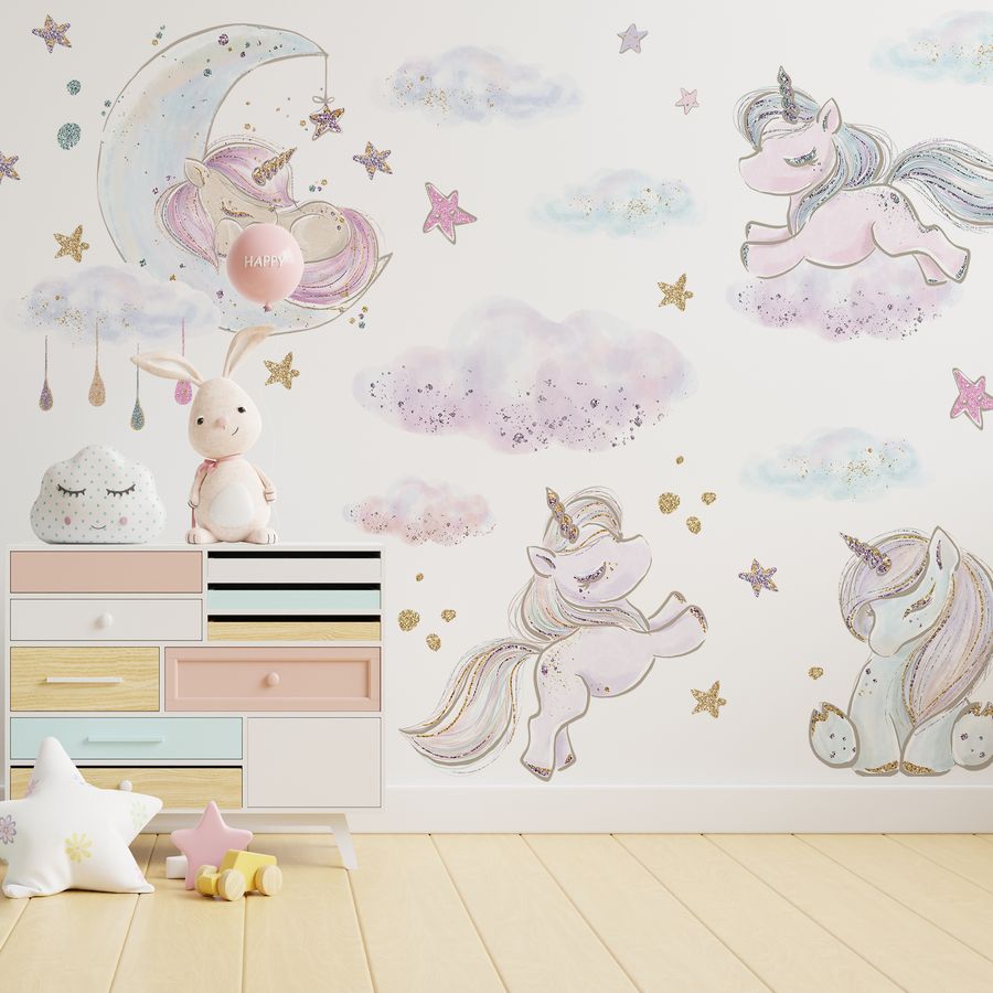 Unicorn Wall Stickers Pack - Kids Wall Decals with Glitter Stars and Clouds