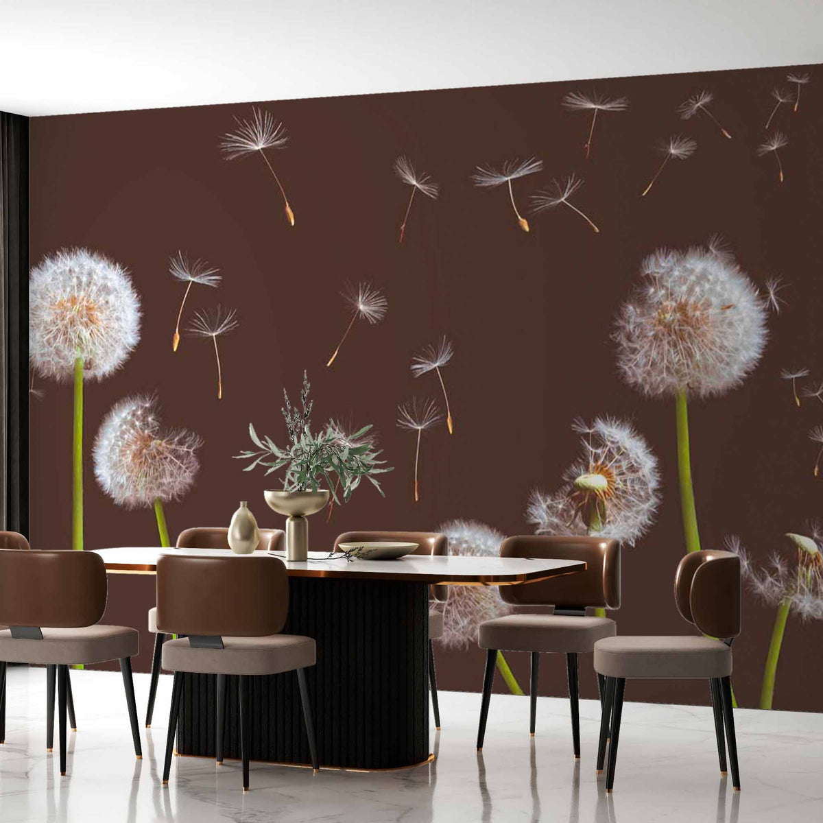 Custom Dandelion Silhouette Wall Mural Dark Floral Realistic Wallpaper