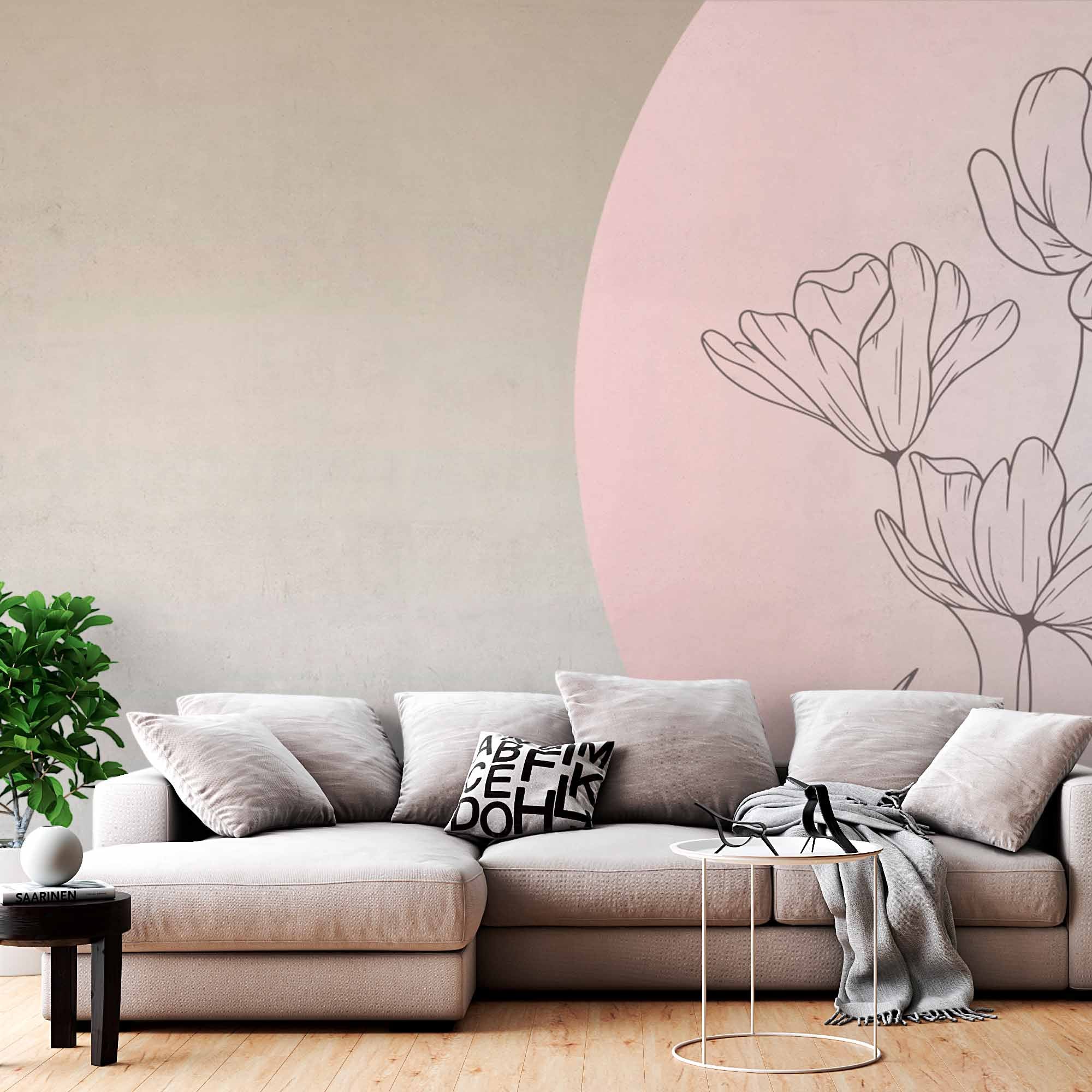 Line Art Flower Circle Wall Mural Tender Pink Floral Wallpaper