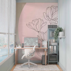 Custom Line Art Flower Circle Wall Mural Tender Pink Floral Wallpaper