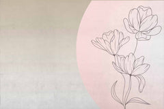 Custom Line Art Flower Circle Wall Mural Tender Pink Floral Wallpaper