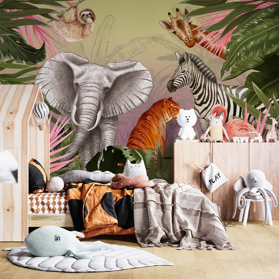 Kids Wall Mural Safari Animals Jungle Theme Wallpaper for Kids  Room