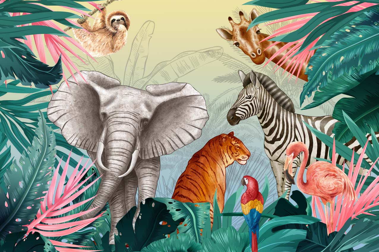 Kids Wall Mural Bright Safari Animals Eye Catching Jungle Theme Wallpaper for Kids Room