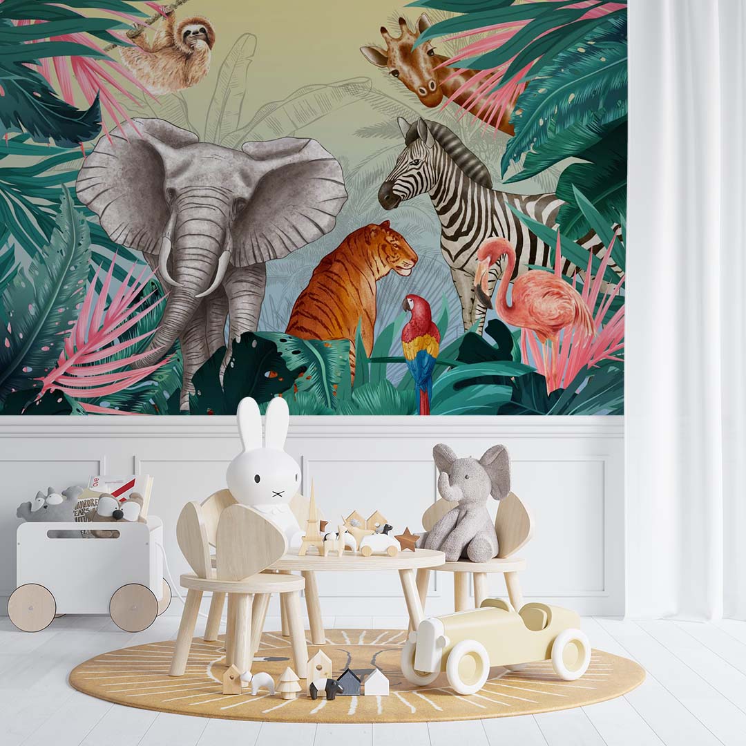 Kids Wall Mural Bright Safari Animals Eye Catching Jungle Theme Wallpaper for Kids Room