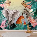 Kids Wall Mural Bright Safari Animals Eye Catching Jungle Theme Wallpaper for Kids Room