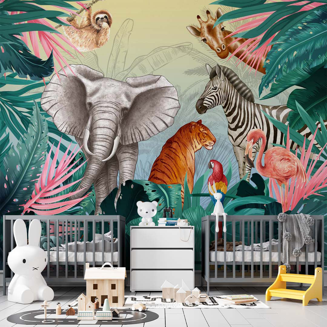 Kids Wall Mural Bright Safari Animals Eye Catching Jungle Theme Wallpaper for Kids Room