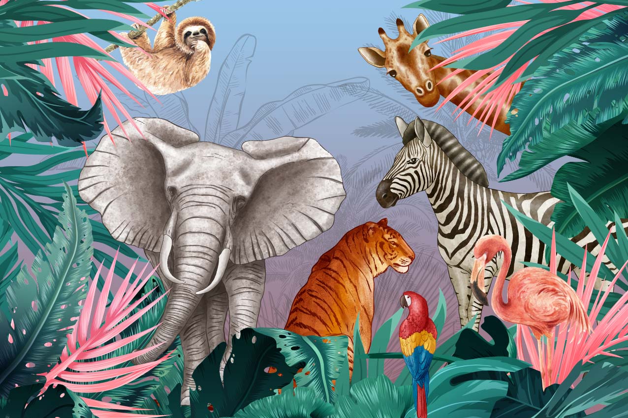 Kids Wall Mural Bright Safari Animals Elephant Zebra Tiger Wallpaper for Kids Room