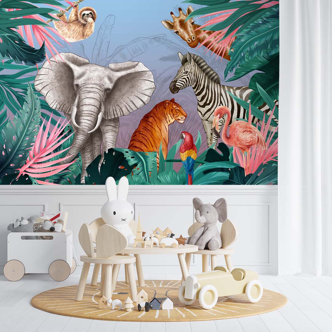 Kids Wall Mural Bright Safari Animals Elephant Zebra Tiger Wallpaper for Kids Room