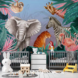 Kids Wall Mural Bright Safari Animals Elephant Zebra Tiger Wallpaper for Kids Room