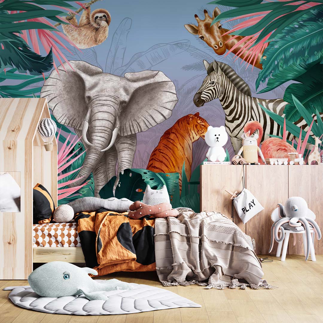 Kids Wall Mural Bright Safari Animals Elephant Zebra Tiger Wallpaper for Kids Room