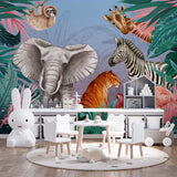 Kids Wall Mural Bright Safari Animals Elephant Zebra Tiger Wallpaper for Kids Room