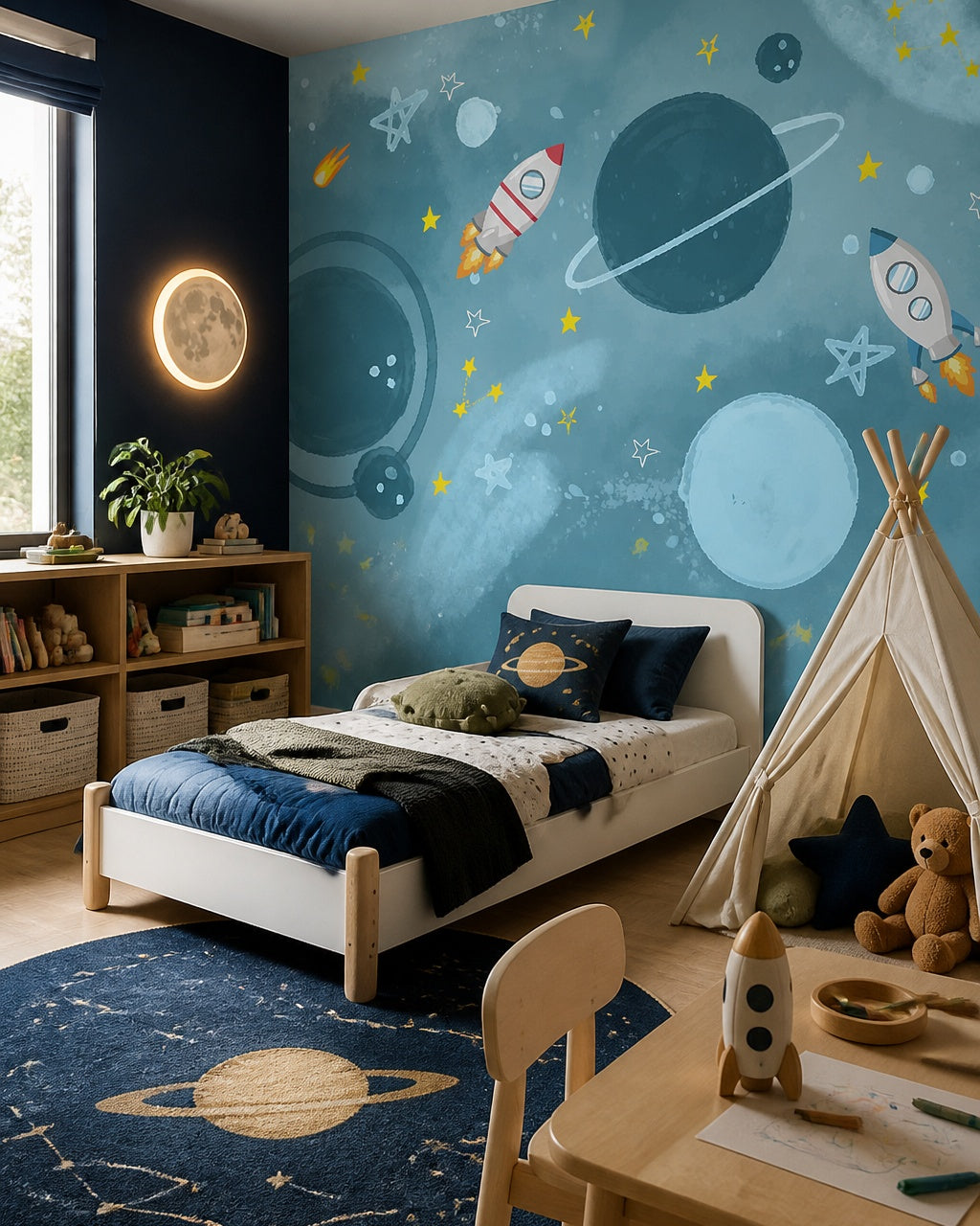 Rocket adventures through the stars kids room wallpaper in a toddler bedroom with a child-sized bed.