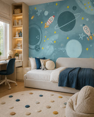 Rocket adventures through the stars kids room wallpaper in a girl’s bedroom.