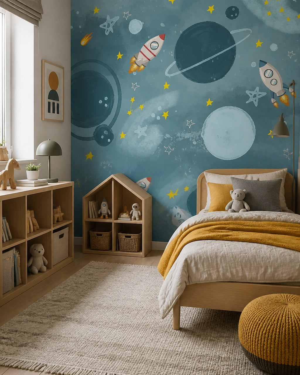 Rocket adventures through the stars kids room wallpaper in a boy’s bedroom.