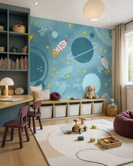 Rocket adventures through the stars kids room wallpaper in a children’s playroom.