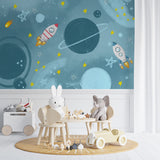 Kids Wall Murals Blue Space Rocket Planets Astronaut Wallpaper for Kids