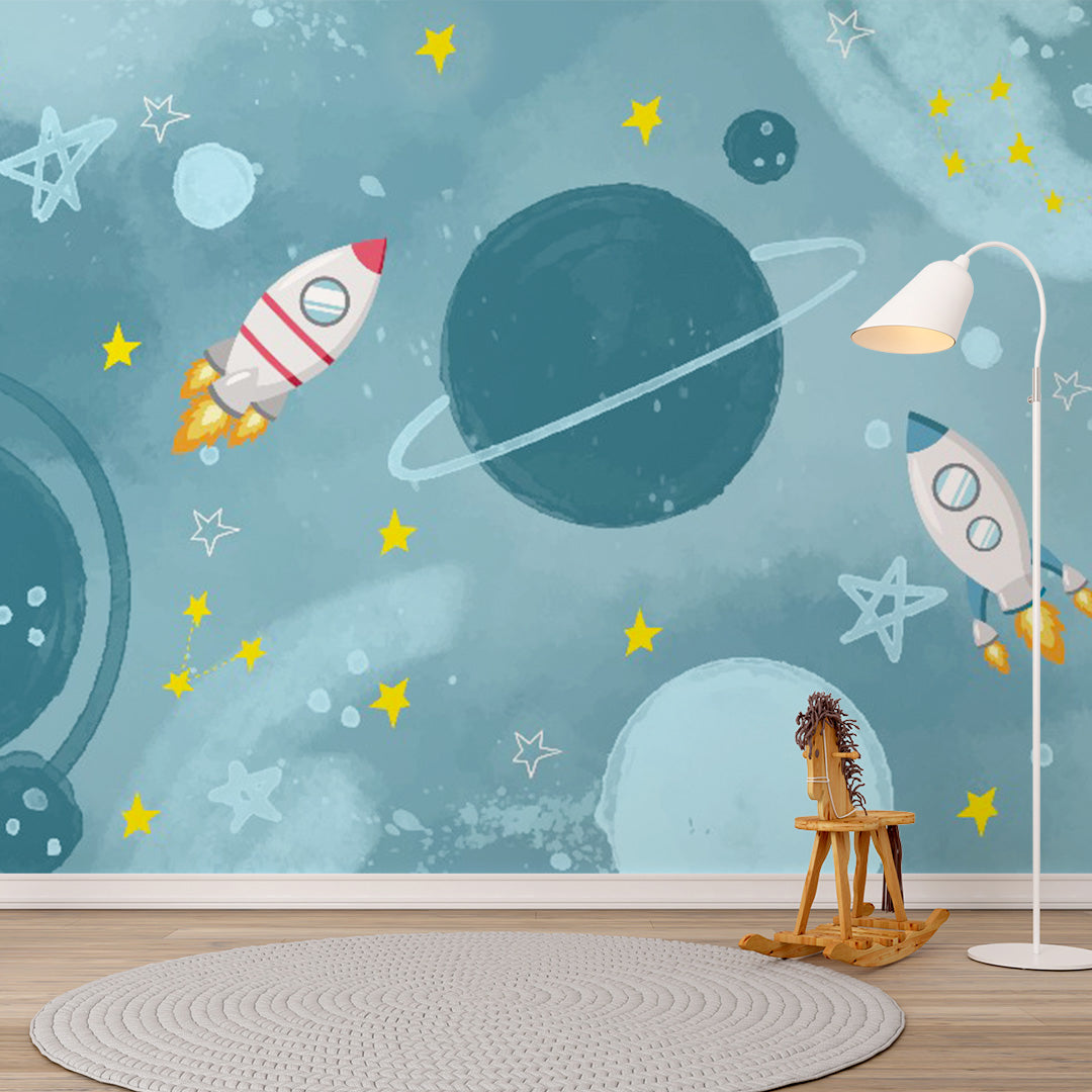 Kids Wall Murals Blue Space Rocket Planets Astronaut Wallpaper for Kids