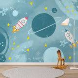 Kids Wall Murals Blue Space Rocket Planets Astronaut Wallpaper for Kids