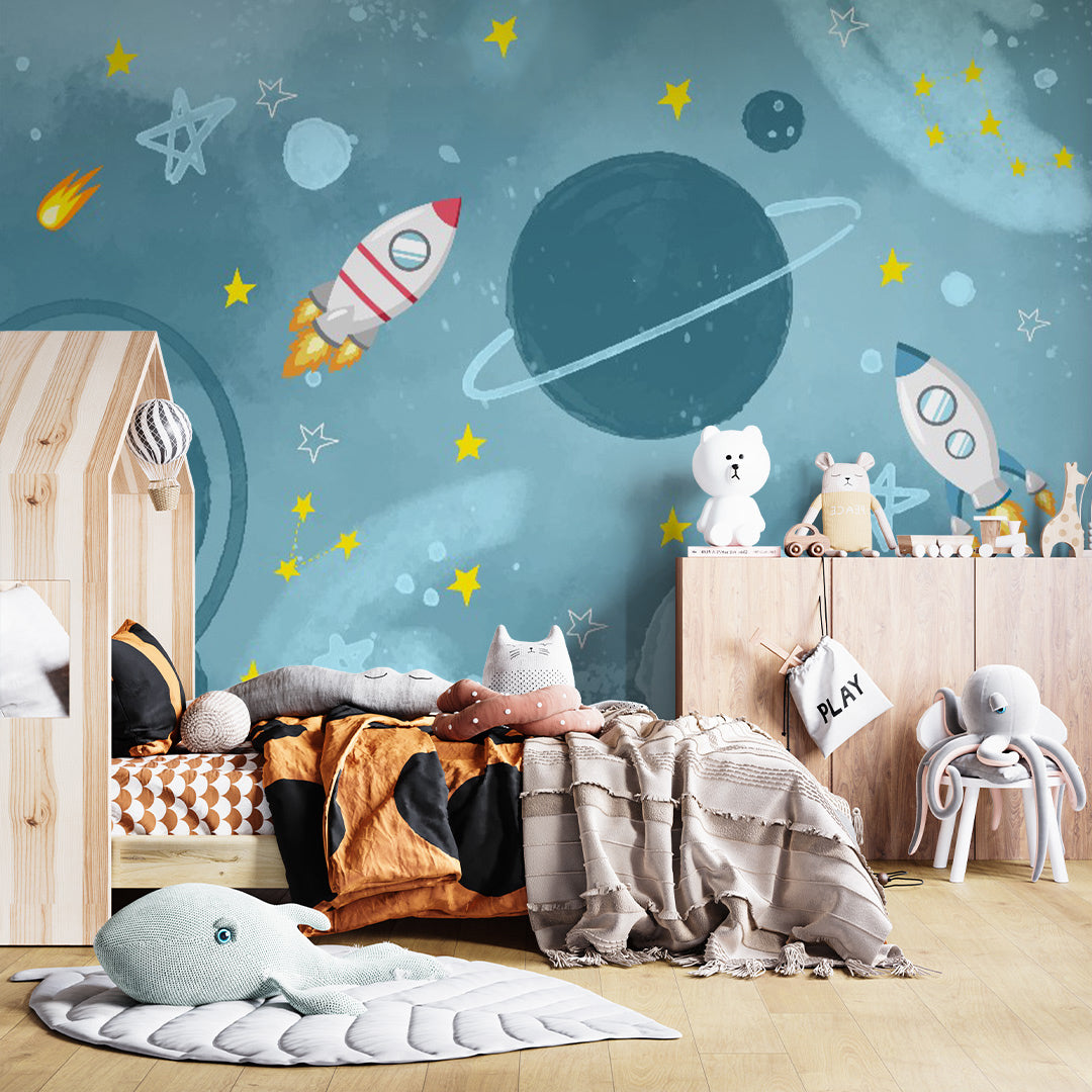 Kids Wall Murals Blue Space Rocket Planets Astronaut Wallpaper for Kids