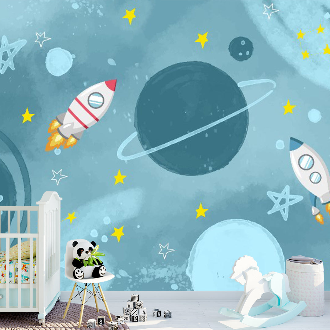 Kids Wall Murals Blue Space Rocket Planets Astronaut Wallpaper for Kids