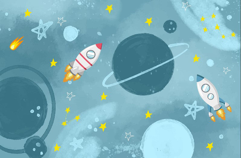 Papier peint aventures en fusée parmi les étoiles pour chambre d’enfant