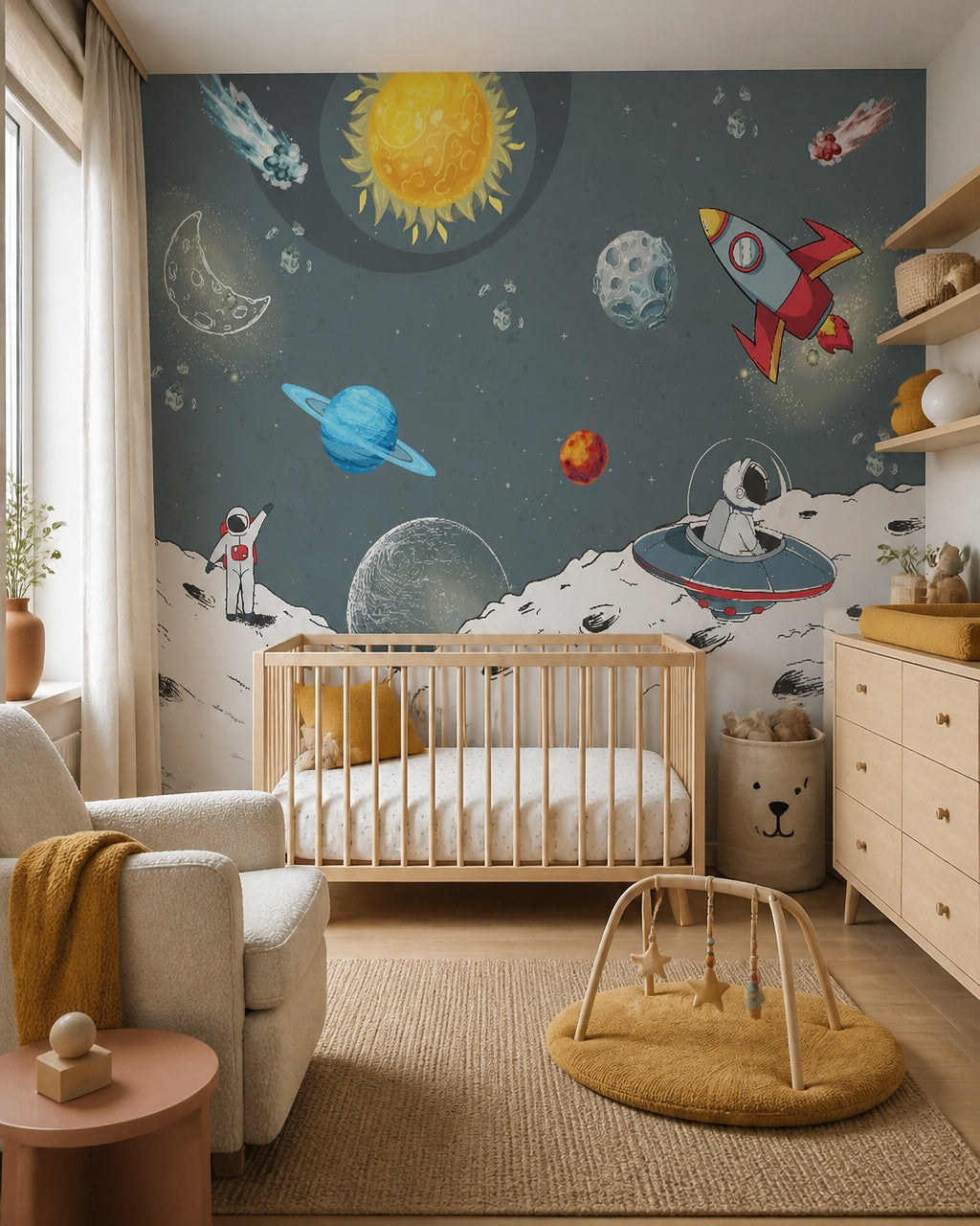 Astronaut adventures across the galaxy kids room wallpaper in a modern nursery with a crib.