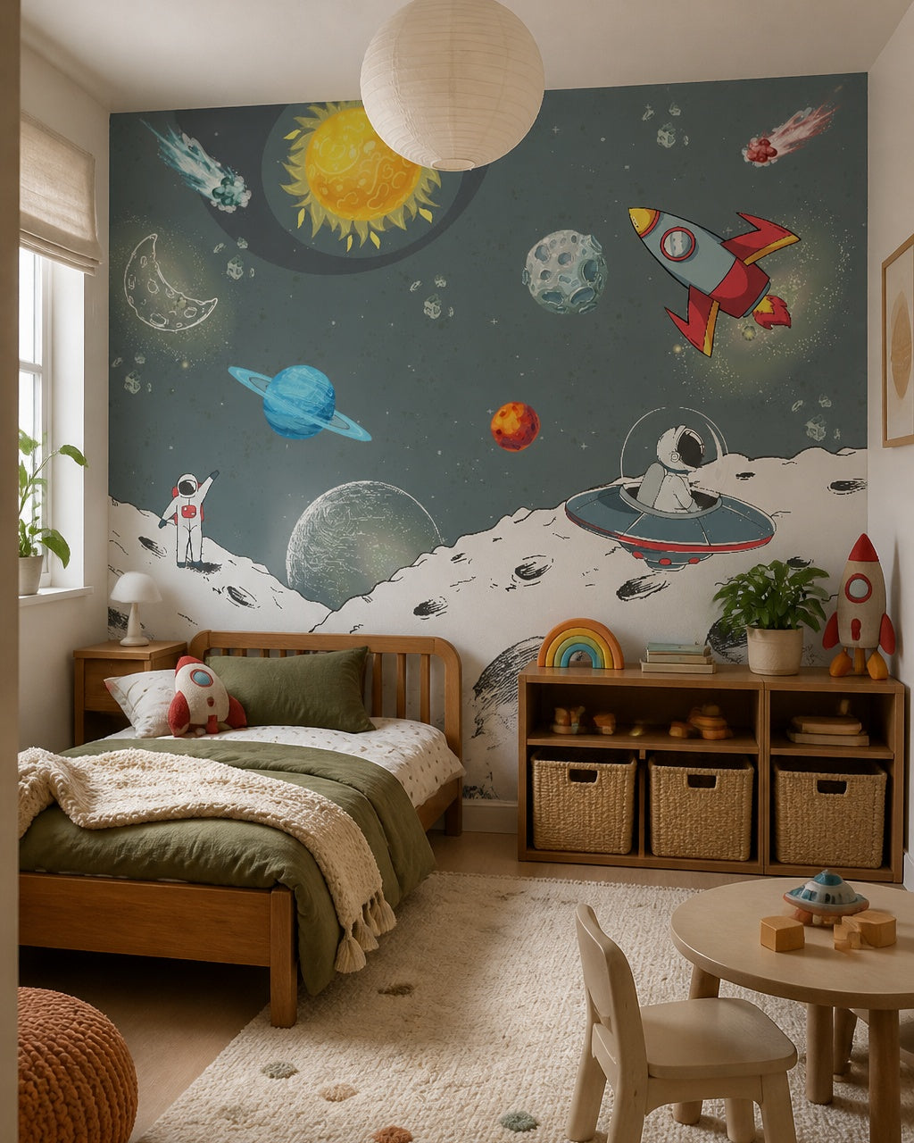 Astronaut adventures across the galaxy kids room wallpaper in a toddler bedroom with a child-sized bed.
