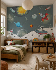 Astronaut adventures across the galaxy kids room wallpaper in a toddler bedroom with a child-sized bed.