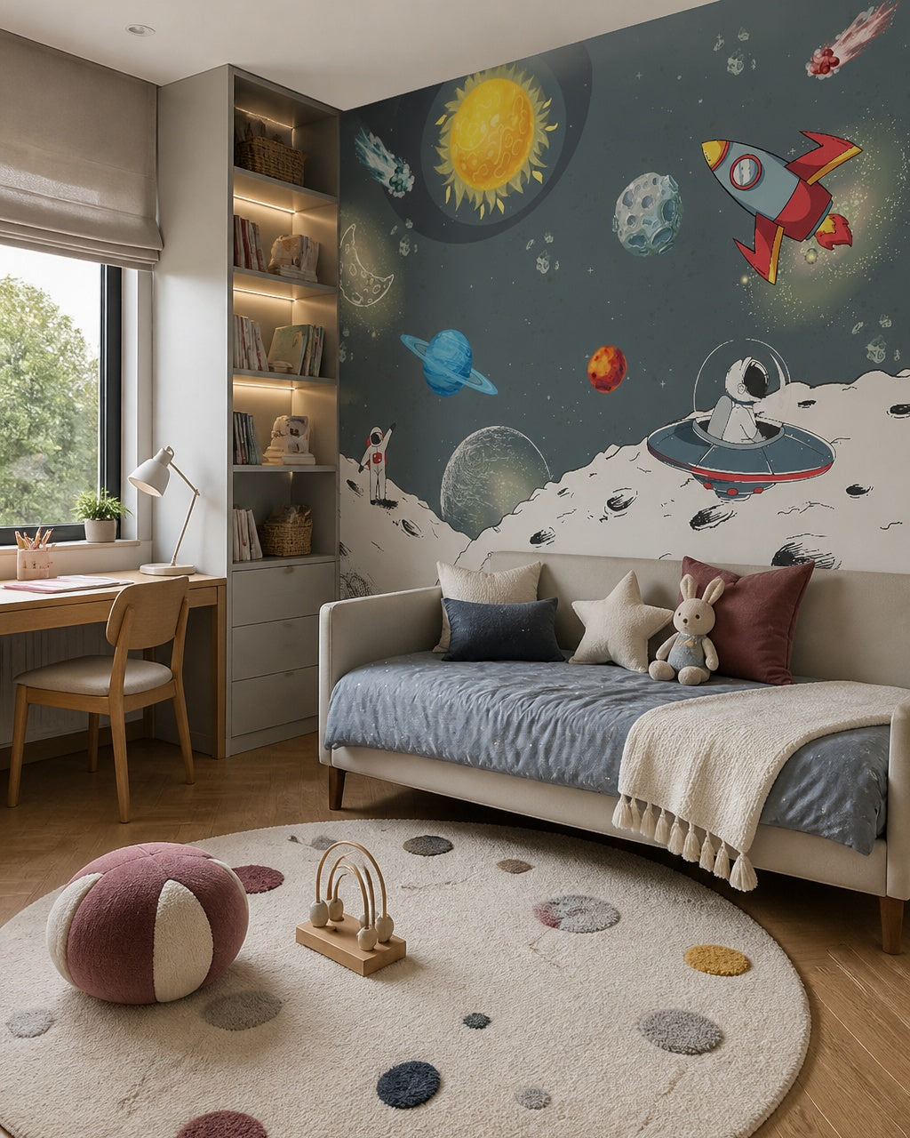 Astronaut adventures across the galaxy kids room wallpaper in a girl’s bedroom.