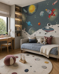 Astronaut adventures across the galaxy kids room wallpaper in a girl’s bedroom.