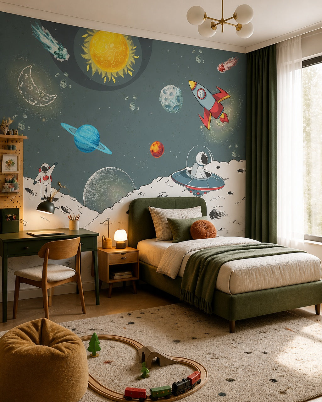 Astronaut adventures across the galaxy kids room wallpaper in a boy’s bedroom.