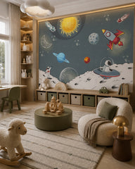 Astronaut adventures across the galaxy kids room wallpaper in a children’s playroom.