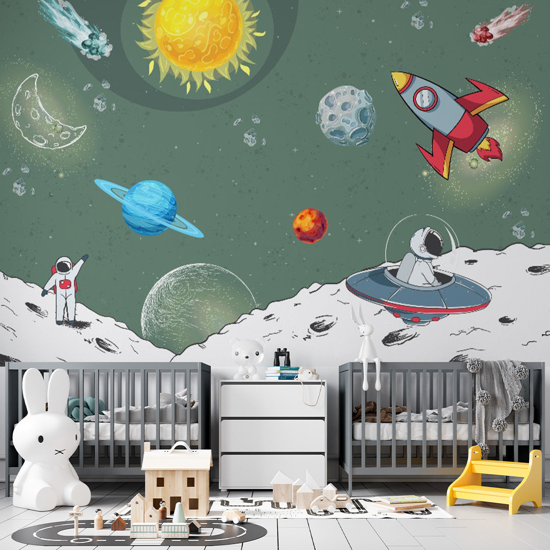 Kids Wall Murals Solar System Space Rocket Planets Astronaut Wallpaper for Kids